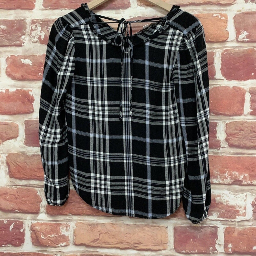 Ann Taylor Loft Top Women's XS Black White Multicolor Plaid Pullover Blouse